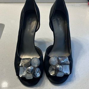 Nine West black satin D’orsey jeweled pumps